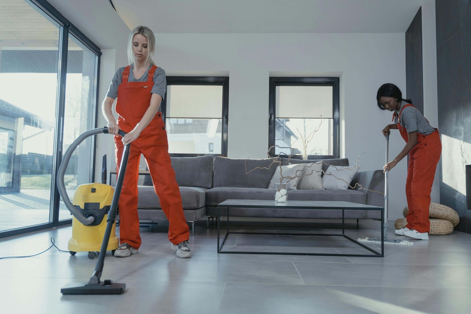 Dos personas limpiando un salón amueblado, una usando una aspiradora y otra limpiando el piso , ofreciendo servicios profesionales de limpieza en Madrid.